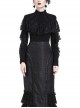 High Collar Front Chest Lace Flounce Long Sleeve Black Gothic Knit T-Shirt