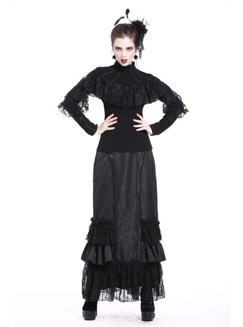 High Collar Front Chest Lace Flounce Long Sleeve Black Gothic Knit T-Shirt