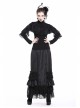 High Collar Front Chest Lace Flounce Long Sleeve Black Gothic Knit T-Shirt