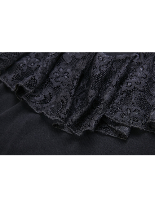 High Collar Front Chest Lace Flounce Long Sleeve Black Gothic Knit T-Shirt