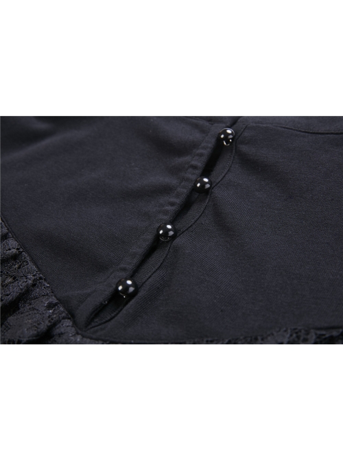 High Collar Front Chest Lace Flounce Long Sleeve Black Gothic Knit T-Shirt