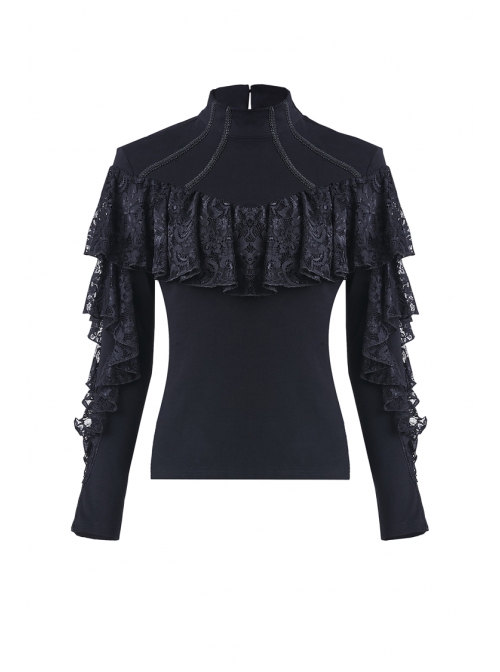 High Collar Front Chest Lace Flounce Long Sleeve Black Gothic Knit T-Shirt