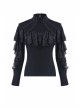 High Collar Front Chest Lace Flounce Long Sleeve Black Gothic Knit T-Shirt
