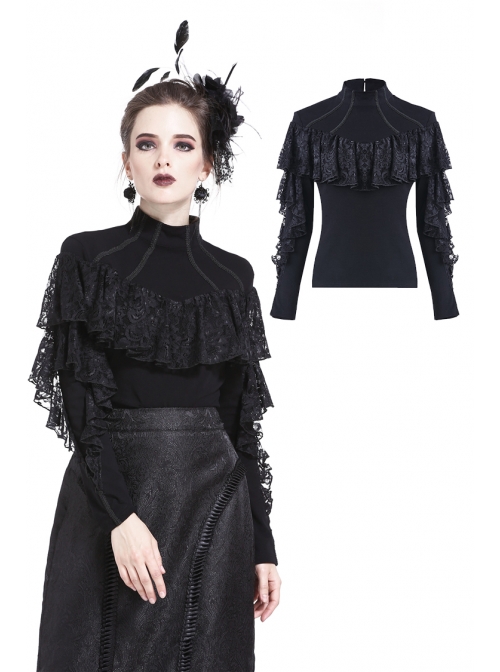 High Collar Front Chest Lace Flounce Long Sleeve Black Gothic Knit T-Shirt