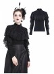 High Collar Front Chest Lace Flounce Long Sleeve Black Gothic Knit T-Shirt