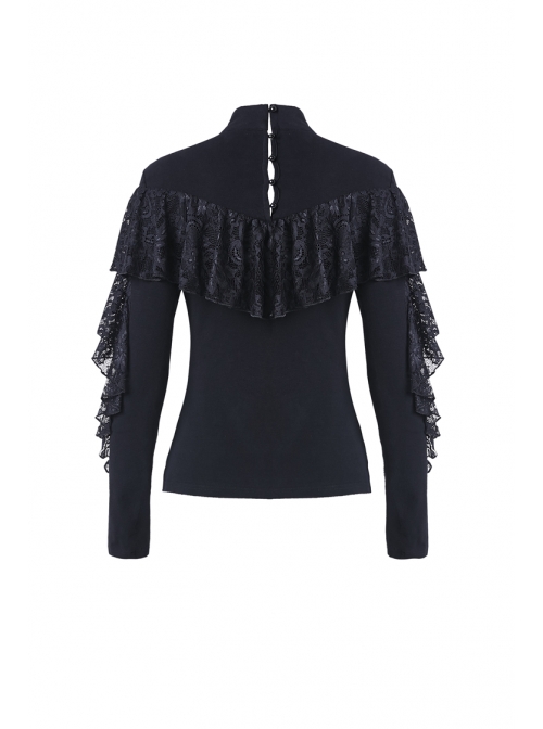High Collar Front Chest Lace Flounce Long Sleeve Black Gothic Knit T-Shirt