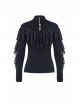 High Collar Front Chest Lace Flounce Long Sleeve Black Gothic Knit T-Shirt