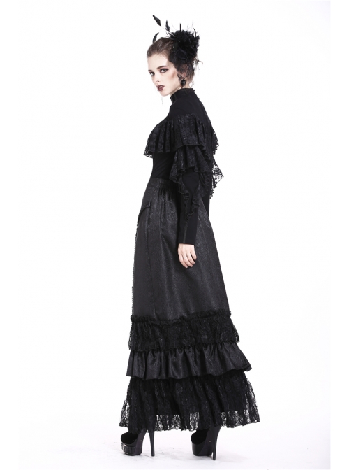 High Collar Front Chest Lace Flounce Long Sleeve Black Gothic Knit T-Shirt