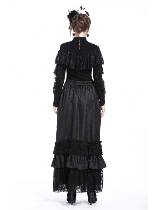 High Collar Front Chest Lace Flounce Long Sleeve Black Gothic Knit T-Shirt