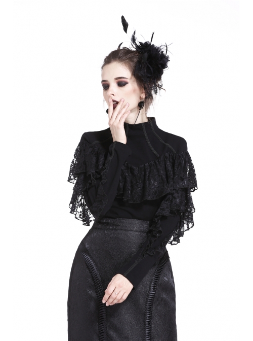 High Collar Front Chest Lace Flounce Long Sleeve Black Gothic Knit T-Shirt