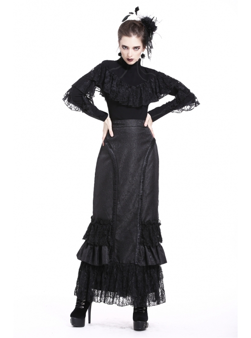 High Collar Front Chest Lace Flounce Long Sleeve Black Gothic Knit T-Shirt