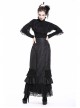 High Collar Front Chest Lace Flounce Long Sleeve Black Gothic Knit T-Shirt