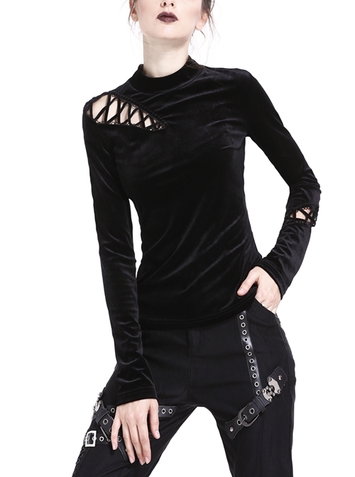 High Collar One-Shoulder Hollow-Out Lace-Up Long Sleeve Black Punk Velvet T-Shirt