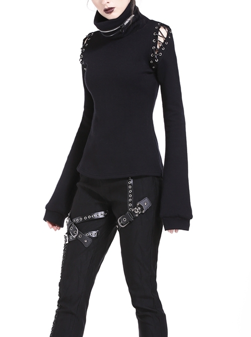 Metal Zipper High Collar Shoulder Hollow-Out Lace-Up Long Sleeve Black Punk T-Shirt