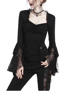 Black Gothic Lace Tassel Sleeves Knit T-Shirt