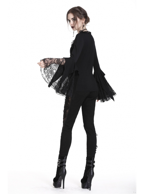 Black Gothic Lace Tassel Sleeves Knit T-Shirt
