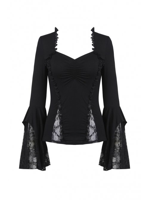 Black Gothic Lace Tassel Sleeves Knit T-Shirt