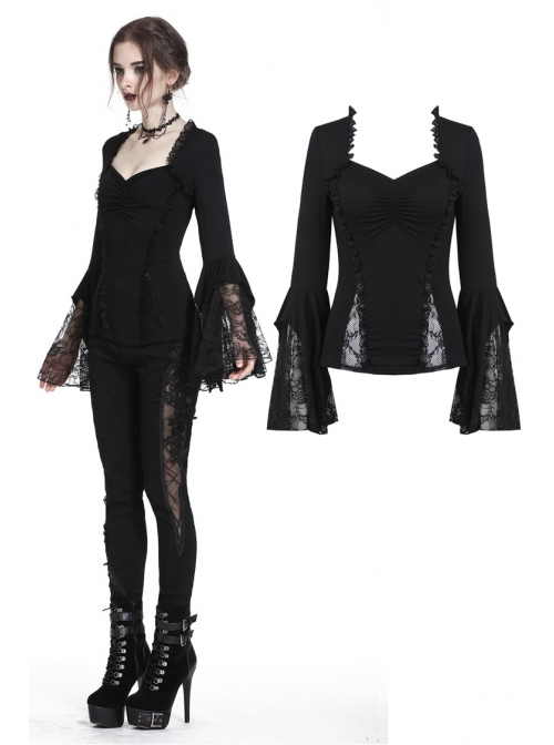 Black Gothic Lace Tassel Sleeves Knit T-Shirt
