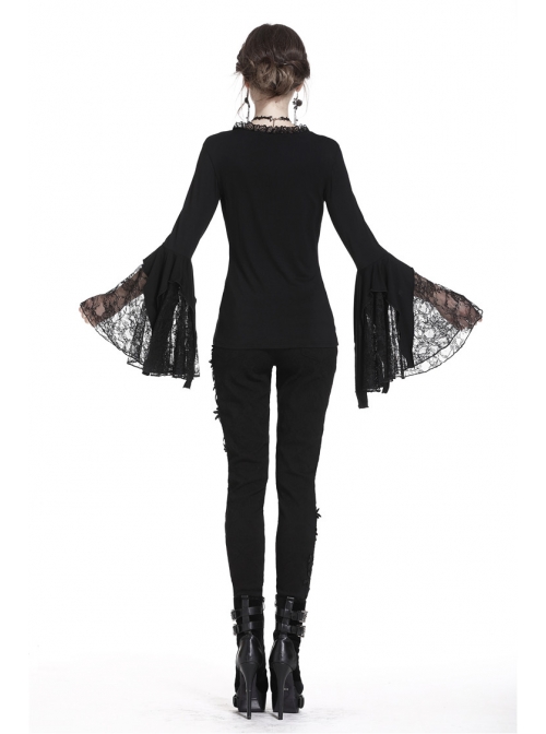 Black Gothic Lace Tassel Sleeves Knit T-Shirt