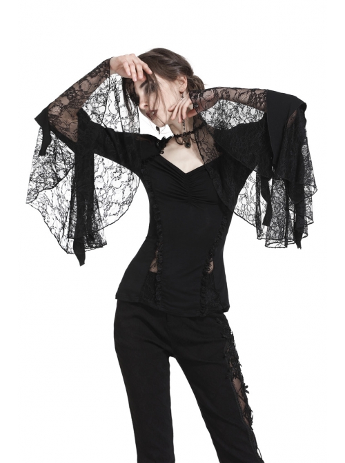 Black Gothic Lace Tassel Sleeves Knit T-Shirt