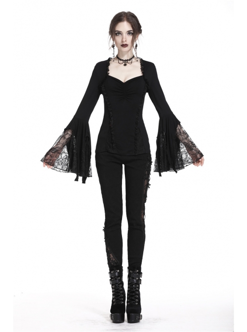 Black Gothic Lace Tassel Sleeves Knit T-Shirt