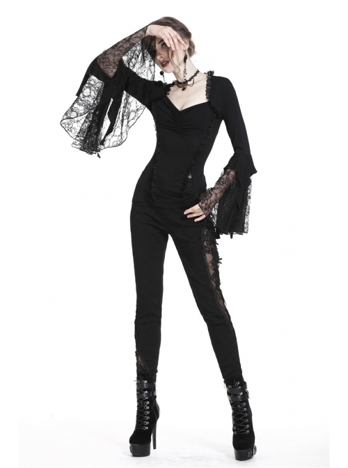 Black Gothic Lace Tassel Sleeves Knit T-Shirt