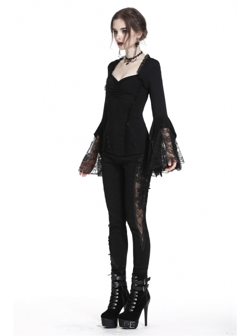 Black Gothic Lace Tassel Sleeves Knit T-Shirt