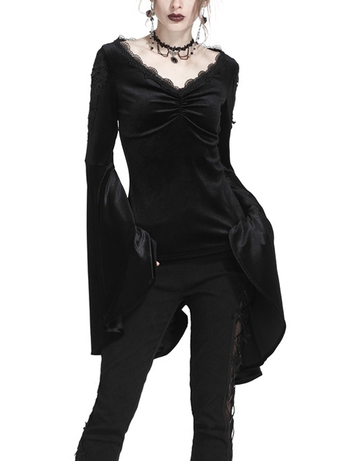 V-Neck Shoulder Floral Decals Flare Sleeve Black Gothic Velvet T-Shirt