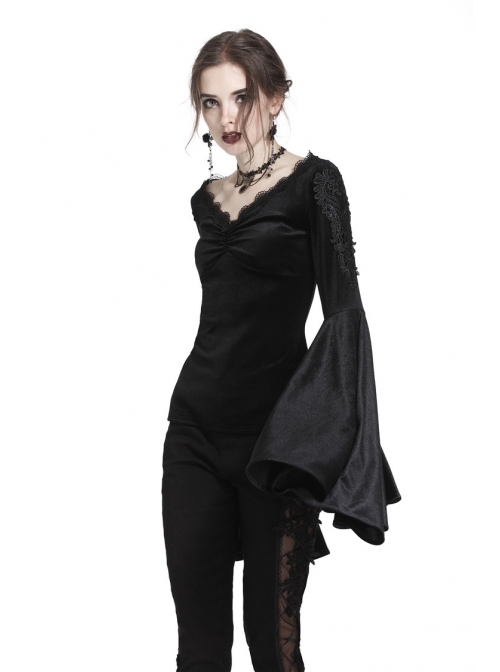 V-Neck Shoulder Floral Decals Flare Sleeve Black Gothic Velvet T-Shirt