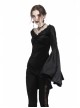 V-Neck Shoulder Floral Decals Flare Sleeve Black Gothic Velvet T-Shirt