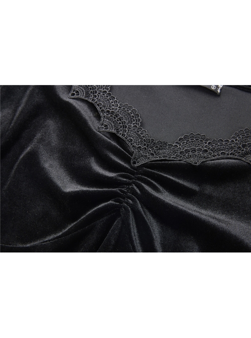 V-Neck Shoulder Floral Decals Flare Sleeve Black Gothic Velvet T-Shirt