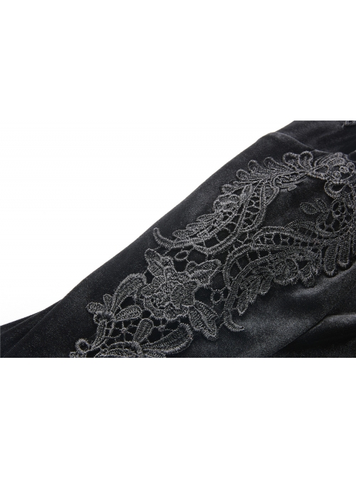 V-Neck Shoulder Floral Decals Flare Sleeve Black Gothic Velvet T-Shirt