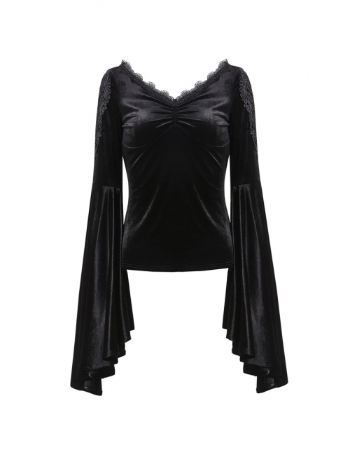 V-Neck Shoulder Floral Decals Flare Sleeve Black Gothic Velvet T-Shirt