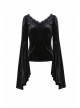 V-Neck Shoulder Floral Decals Flare Sleeve Black Gothic Velvet T-Shirt