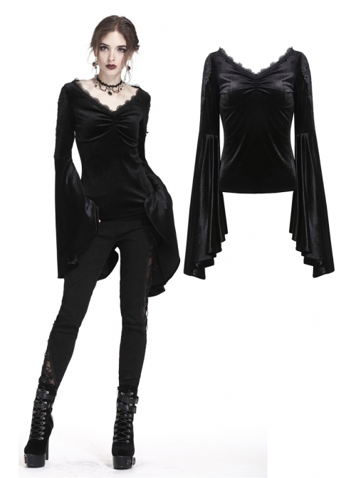 V-Neck Shoulder Floral Decals Flare Sleeve Black Gothic Velvet T-Shirt