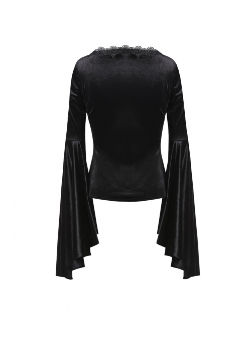 V-Neck Shoulder Floral Decals Flare Sleeve Black Gothic Velvet T-Shirt