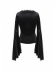 V-Neck Shoulder Floral Decals Flare Sleeve Black Gothic Velvet T-Shirt