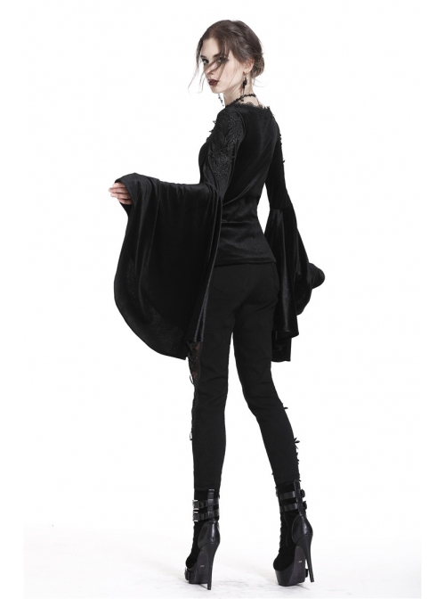 V-Neck Shoulder Floral Decals Flare Sleeve Black Gothic Velvet T-Shirt