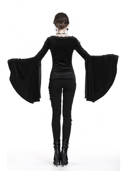 V-Neck Shoulder Floral Decals Flare Sleeve Black Gothic Velvet T-Shirt