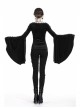 V-Neck Shoulder Floral Decals Flare Sleeve Black Gothic Velvet T-Shirt