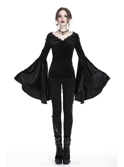 V-Neck Shoulder Floral Decals Flare Sleeve Black Gothic Velvet T-Shirt