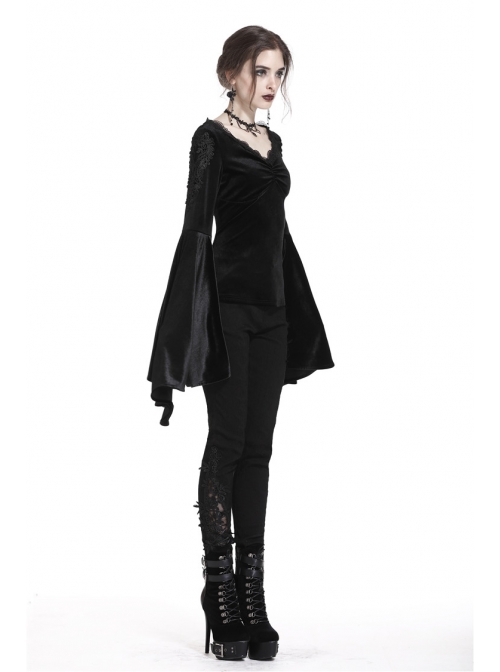 V-Neck Shoulder Floral Decals Flare Sleeve Black Gothic Velvet T-Shirt