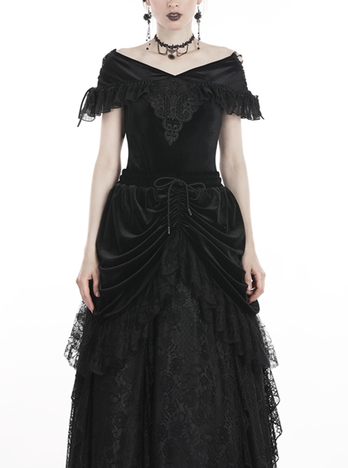 Off-Shoulder Front Chest Decals Lace Lace-Up Cuff Black Gothic Velvet T-Shirt