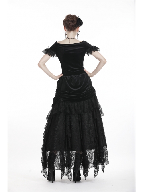 Off-Shoulder Front Chest Decals Lace Lace-Up Cuff Black Gothic Velvet T-Shirt