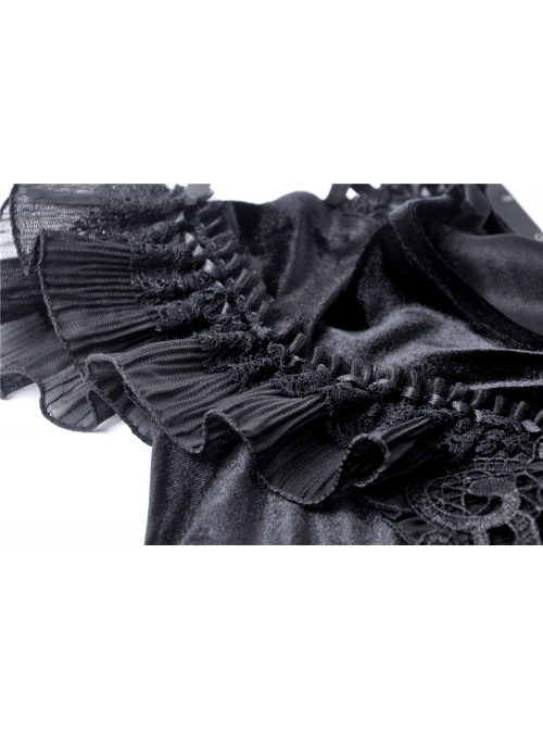Off-Shoulder Front Chest Decals Lace Lace-Up Cuff Black Gothic Velvet T-Shirt