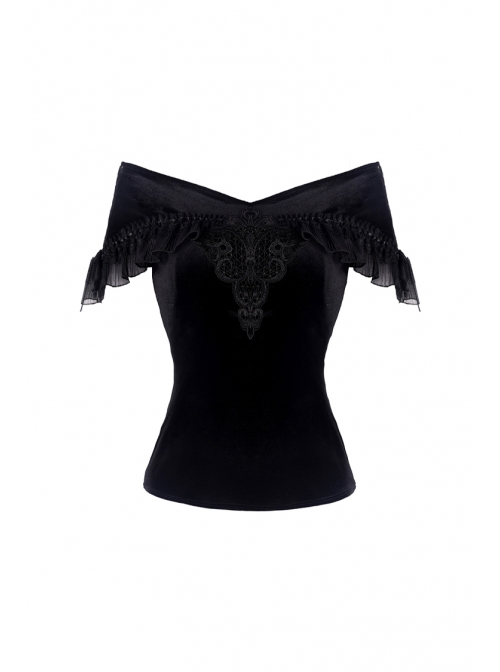Off-Shoulder Front Chest Decals Lace Lace-Up Cuff Black Gothic Velvet T-Shirt