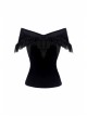 Off-Shoulder Front Chest Decals Lace Lace-Up Cuff Black Gothic Velvet T-Shirt