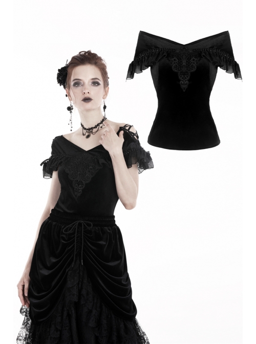 Off-Shoulder Front Chest Decals Lace Lace-Up Cuff Black Gothic Velvet T-Shirt