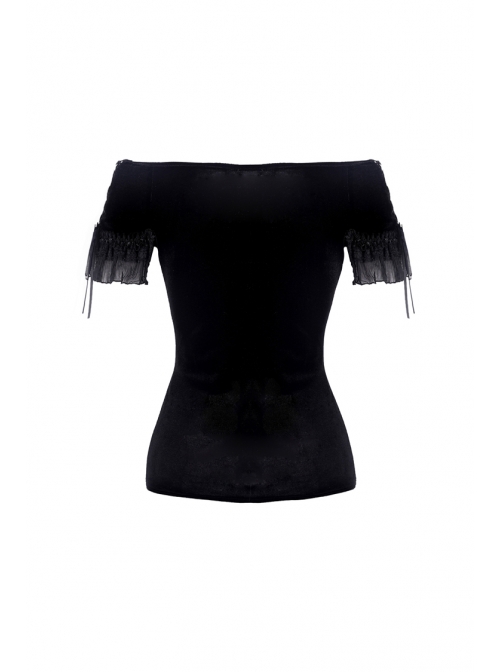 Off-Shoulder Front Chest Decals Lace Lace-Up Cuff Black Gothic Velvet T-Shirt