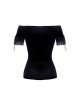 Off-Shoulder Front Chest Decals Lace Lace-Up Cuff Black Gothic Velvet T-Shirt
